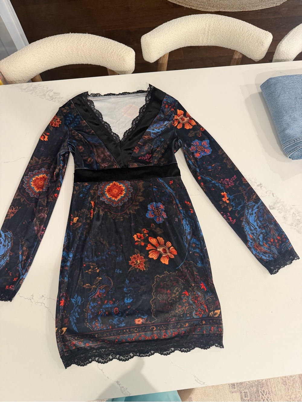 Women's Black Floral Lace-Trim V-Neck Dress- feels velvety but it’s 100% poly